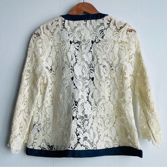 🆕 Michael Simon crocheted button jacket with denim trim NWT cardigan size med - Picture 11 of 15